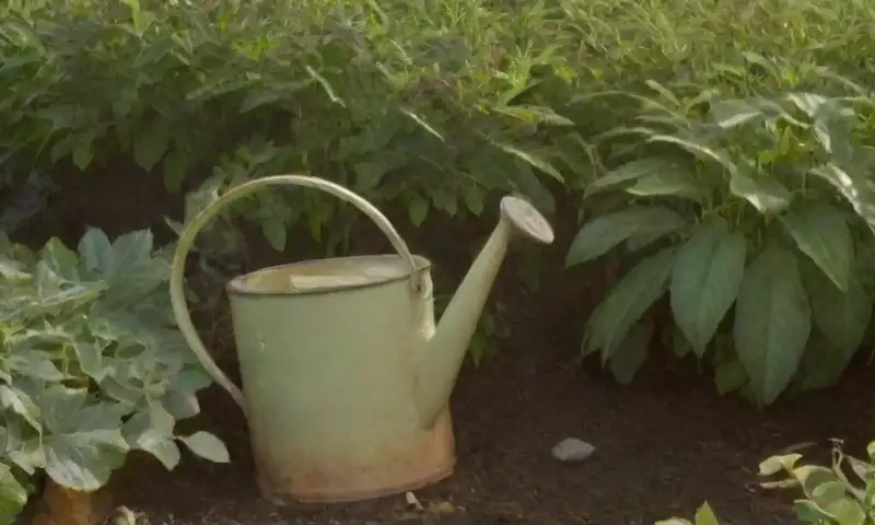 Un jardín soleado con plantas de salvia verde brillante y tierra oscura, iluminado por luz dorada y rodeado de un cielo azul
