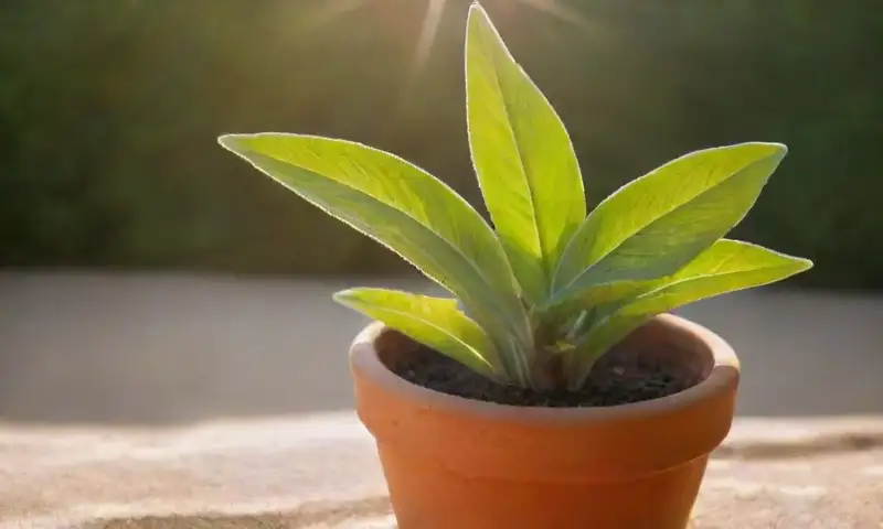 Un vibrante jardín con hojas de salvia verde y flores blancas, en un ambiente iluminado por el sol y con texturas terracota