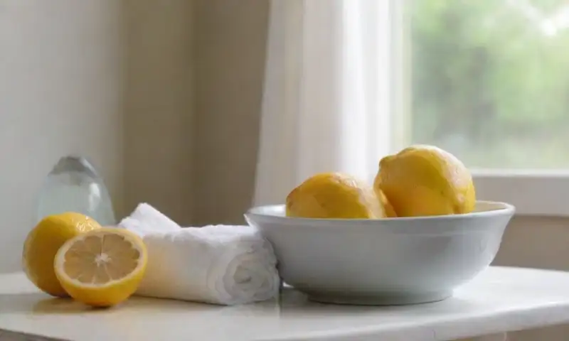 Una luminosa lavandería con toallas blancas ordenadas, un tazón de limones frescos, limón en la tabla de cortar, y un ambiente fresco y acogedor