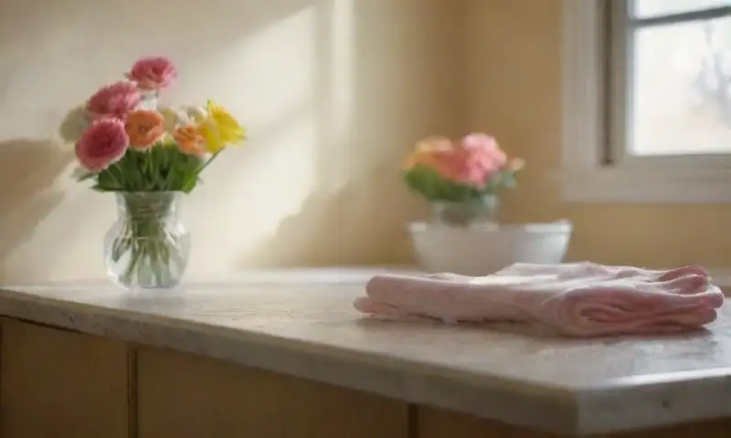Una cocina iluminada por el sol, con armarios de madera, un fregadero blanco, flores frescas en la encimera y un ambiente ordenado que refleja un cuidado meticuloso