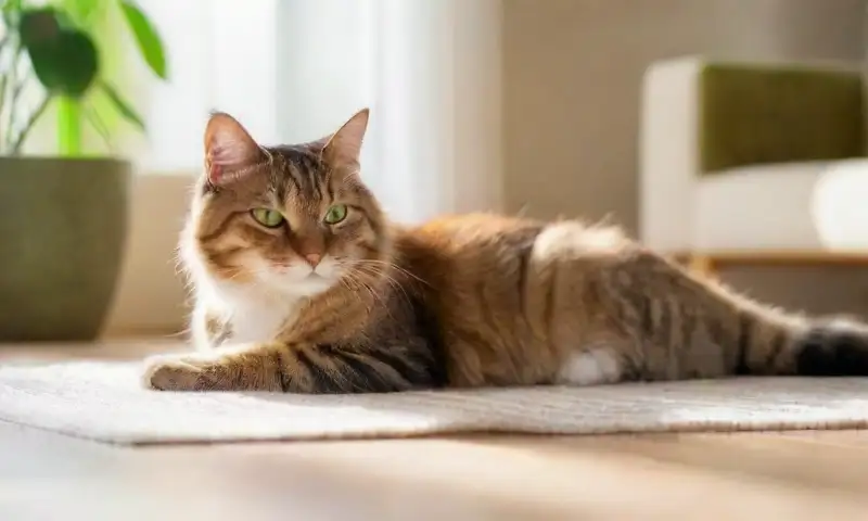 Una sala acogedora iluminada por el sol, con un sofá moderno, un gato atigrado en un rascador, juguetes de gato y una planta que crean un ambiente cálido y equilibrado