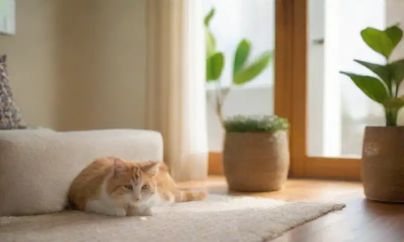 Sala luminosa y acogedora con un sofá beige, cojines coloridos, un gato atigrado, plantas y arte en las paredes