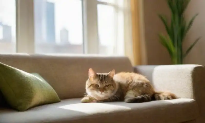 Una sala iluminada por el sol, con un sofá beige, un gato gris sobre el reposabrazos, una planta de hierba para gatos y juguetes dispersos, crea un ambiente acogedor