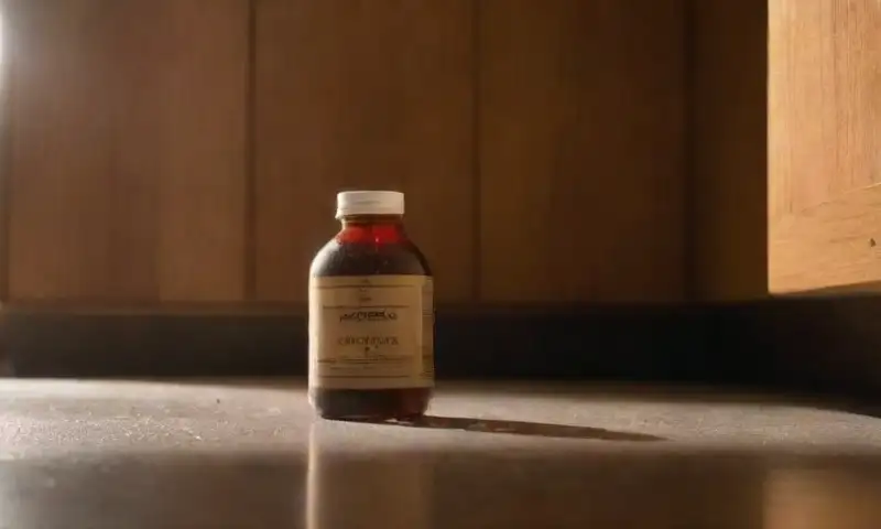 Un rincón de cocina tenue y polvoriento, con armarios viejos, una botella de insecticida, trampas de cucarachas y un suelo de azulejos agrietado que crean una atmósfera inquietante