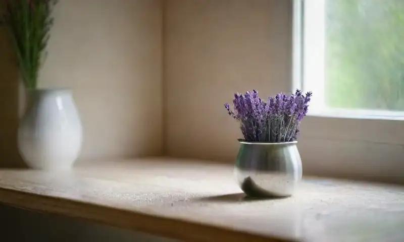 La escena muestra una cocina luminosa con una mesa de madera