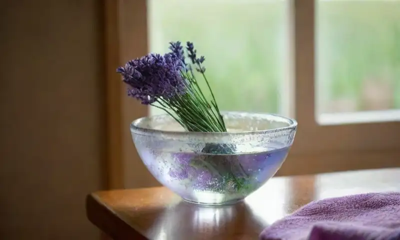 Una cocina luminosa y acogedora con un bol de lavanda fresca, un tablero de madera y un mortero, creando un ambiente armónico y atractivo