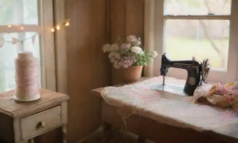 Un espacio de trabajo acogedor y creativo con colores pastel, telas vintage, guirnaldas iluminadas y herramientas de costura