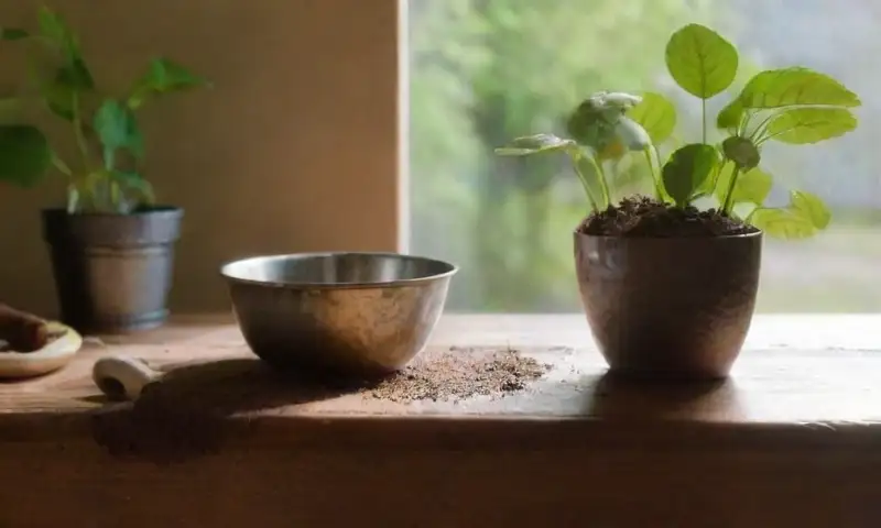 Un espacio iluminado por el sol con un mesa de madera, un frasco de tierra rica, lombrices rojas, herramientas de jardinería y una planta en un fondo equilibrado