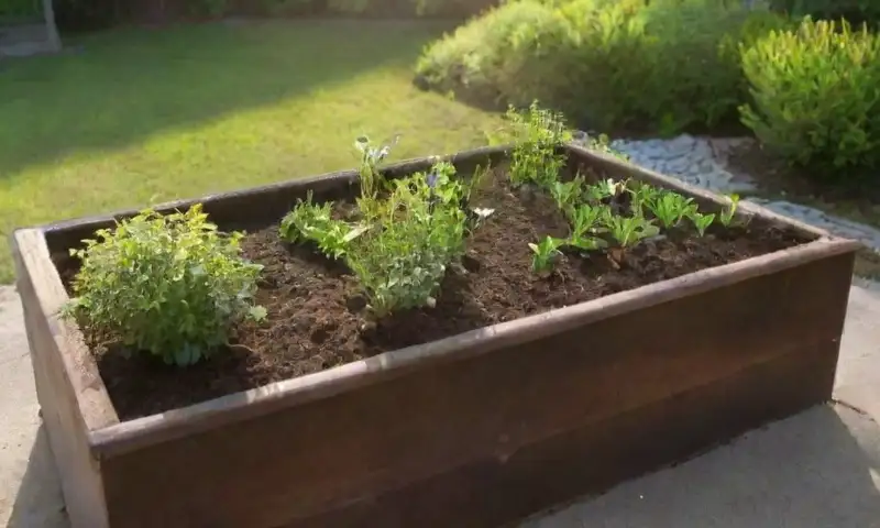 Un jardín soleado con tierra rica y húmeda, plántulas verdes en hileras, herramientas de jardinería y mariposas, todo en una composición vibrante y llena de vida
