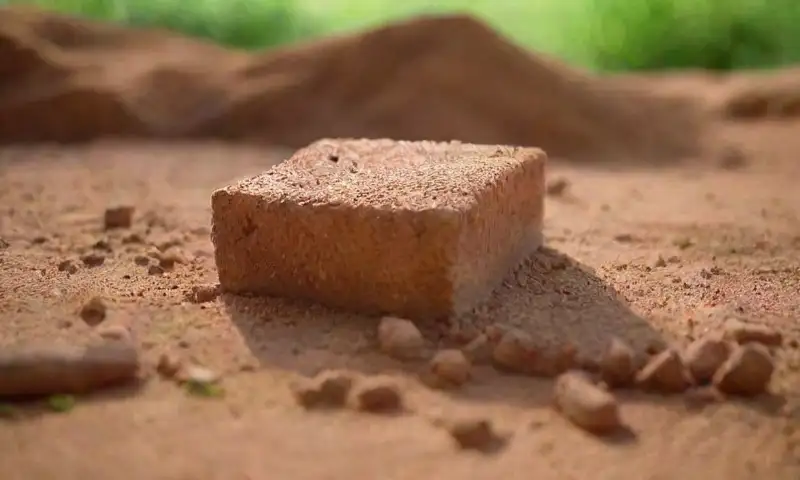 Una escena al aire libre muestra manos trabajando barro húmedo y adobe, rodeadas de naturaleza vibrante y texturas rústicas