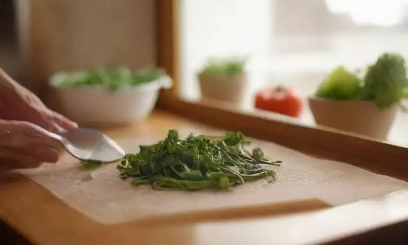 Una escena culinaria hogareña con papel de cocina, verduras coloridas y un ambiente acogedor