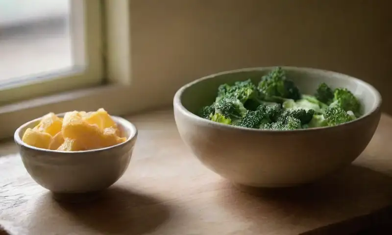 Una mesa de madera desgastada y dorada con luz suave filtra a través de la ventana, rodeada de verduras frescas y un cuenco de agua que refleja luces y sombras, mientras una mano sobre el cuenco sugiere un ambiente de creatividad culinaria