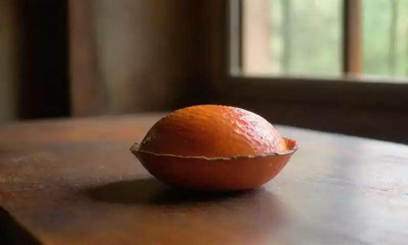 Una naranja con cera dorada y una mecha encendida descansa sobre una mesa de madera, iluminada por la luz del sol que crea un ambiente cálido y acogedor
