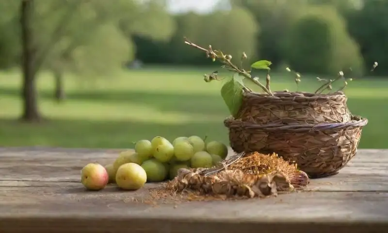 Un huerto soleado con árboles frutales vibrantes, herramientas de injerto y flores pequeñas sugiere una escena armoniosa y rica en detalles naturales