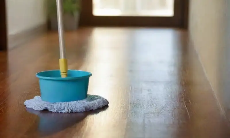 Un espacio interior bien iluminado y ordenado, con un suelo de madera pulida, herramientas de limpieza coloridas y un ambiente tranquilo