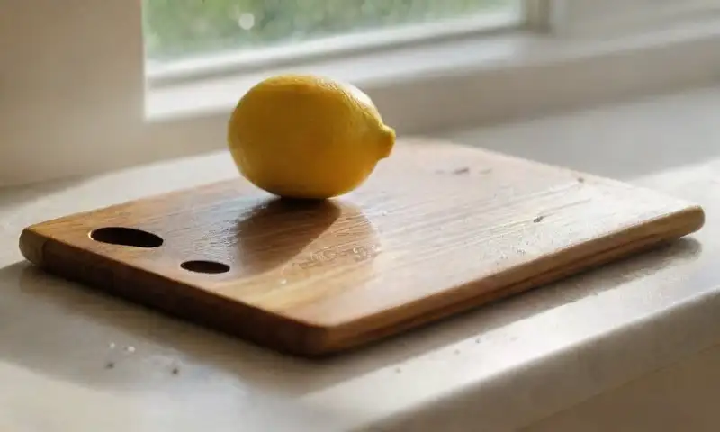 Una tabla de cortar de madera reposa en una cocina iluminada, con un limón cortado, aceite de oliva, sal y un ambiente de limpieza y calidez