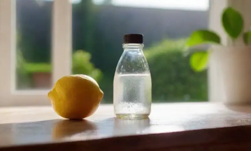 Un luminoso mostrador de cocina con un spray de limpieza
