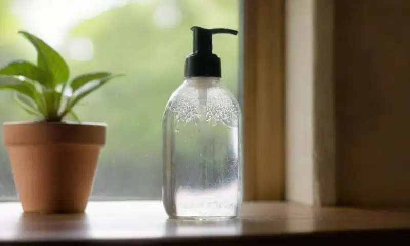 Una cómoda cocina de madera refleja suavemente la luz de la mañana, con productos de limpieza como vinagre, bicarbonato y un paño microfibra, todo en un ambiente sereno y ordenado