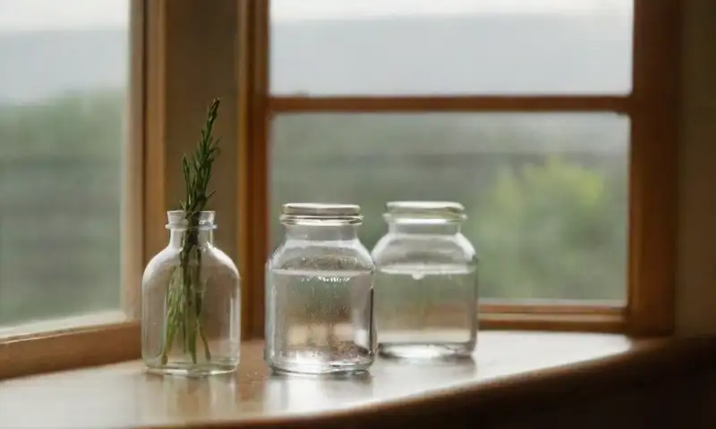 Una cocina iluminada y ordenada, con luz natural, frascos claros, y un ambiente fresco y limpio