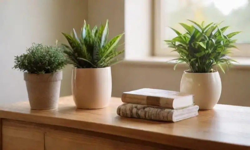 Una habitación luminosa y cálida, decorada con plantas verdes, muebles organizados y un ambiente acogedor