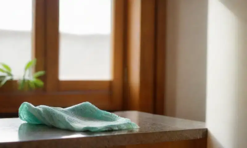 Una cocina luminosa y ordenada, con productos de limpieza organizados y una planta que añade frescura