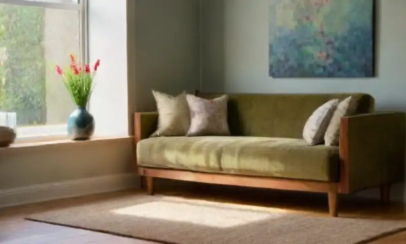 Una habitación serena bañada de luz natural, con plantas verdes, un sofá acogedor y una delicada armonía de elementos que evoca paz y tranquilidad