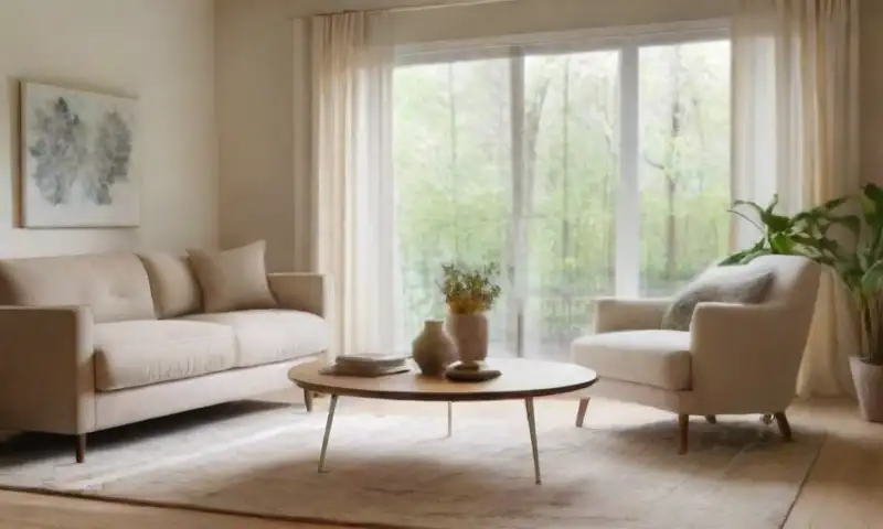 Una sala de estar serena y minimalista, iluminada por luz natural, que invita a la tranquilidad y el confort