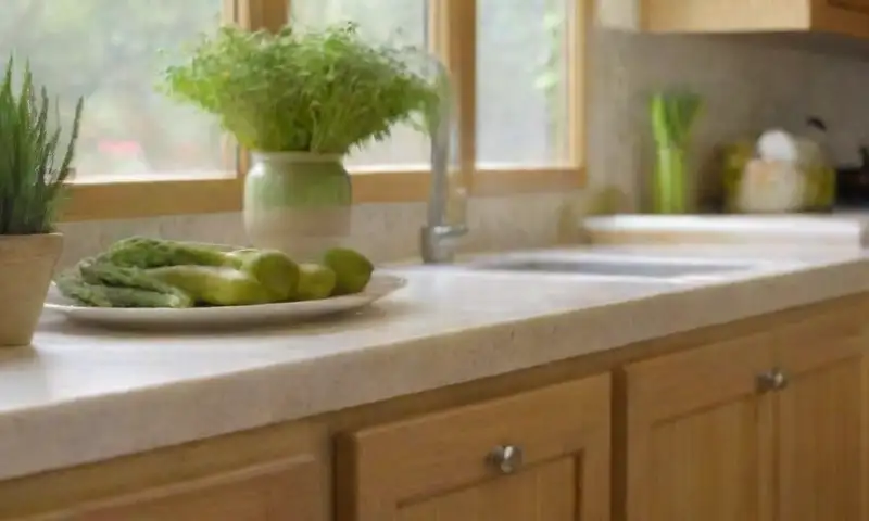 Cocina luminosa y cálida con grandes ventanales, muebles de madera clara, plantas verdes y una atmósfera acogedora