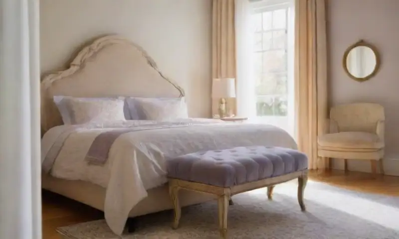 Un dormitorio sereno con luz suave, cama elegantemente hecha y rincón acogedor, que invita a la tranquilidad