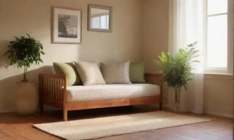 Una sala acogedora y luminosa, con suelo de madera, un sofá beige, plantas, un libro abierto, arte sereno en las paredes y una atmósfera cálida y armoniosa