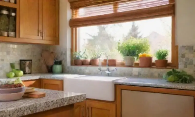 Cocina luminosa y organizada, con acabados en madera, electrodomésticos de acero, plantas frescas y decoración acogedora