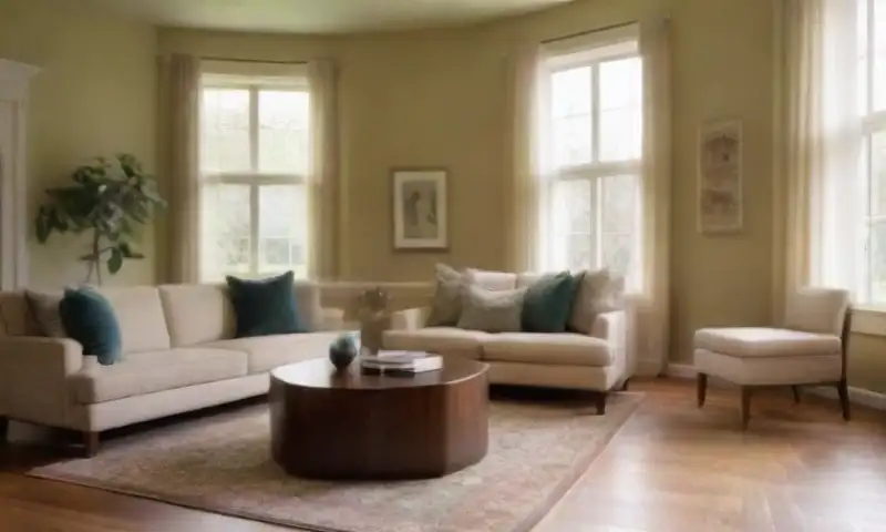Sala espaciosa con suelo de madera, luz natural, paredes beige, sofá crema, plantas verdes y decoraciones que crean un ambiente acogedor y equilibrado