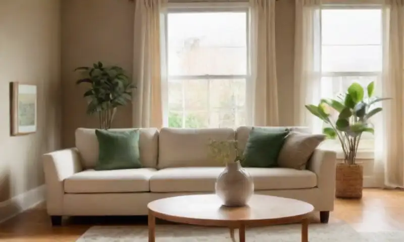 Una sala de estar serena y acogedora, iluminada por luz natural, con un sofá beige, decoración minimalista y una atmósfera tranquila