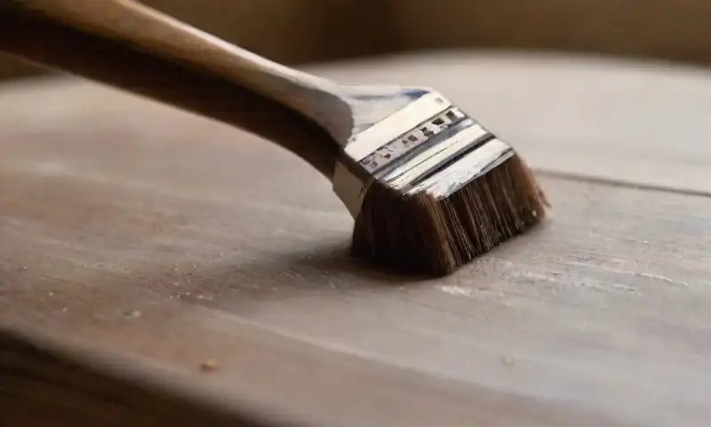 Una mano lija una superficie de madera pulida, mientras gotas de pintura brillan y el sol ilumina el entorno
