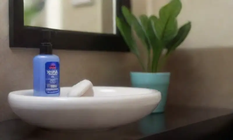 Un baño iluminado con luz natural, equipado con un lavabo blanco, un frasco de quitaesmalte, almohadillas de algodón, tiras de cera y un toque de planta decorativa