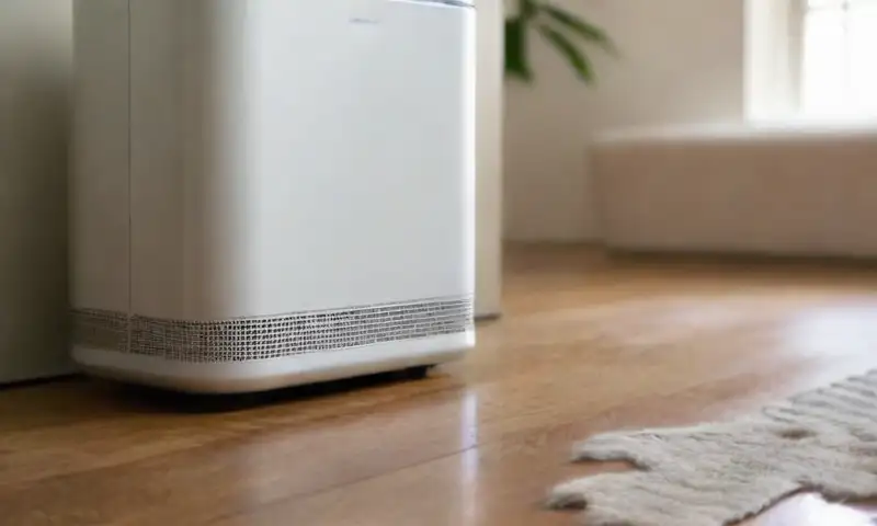 Un purificador de aire moderno destaca en un suelo de madera pulida, rodeado de un ambiente acogedor con una planta, un sofá beige, un perro y una colección de libros