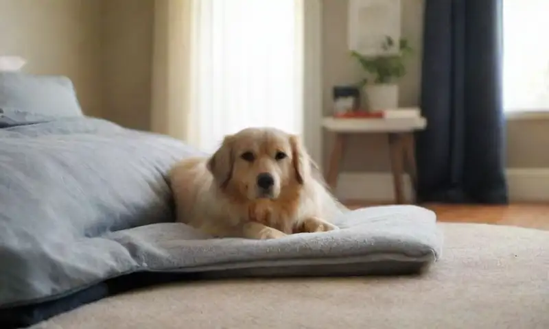 Una escena acogedora de un dormitorio iluminado por el sol, con una cama bien hecha, un perro esponjoso en ella, y una decoración que transmite calidez y tranquilidad