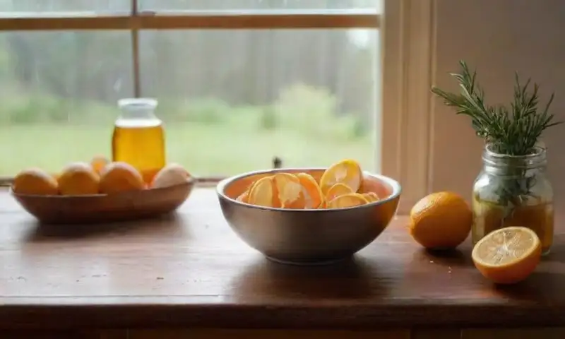 Una acogedora cocina iluminada por luz natural, con un mesa de madera llena de frascos de ingredientes frescos, un cazo humeante y un ambiente invitante
