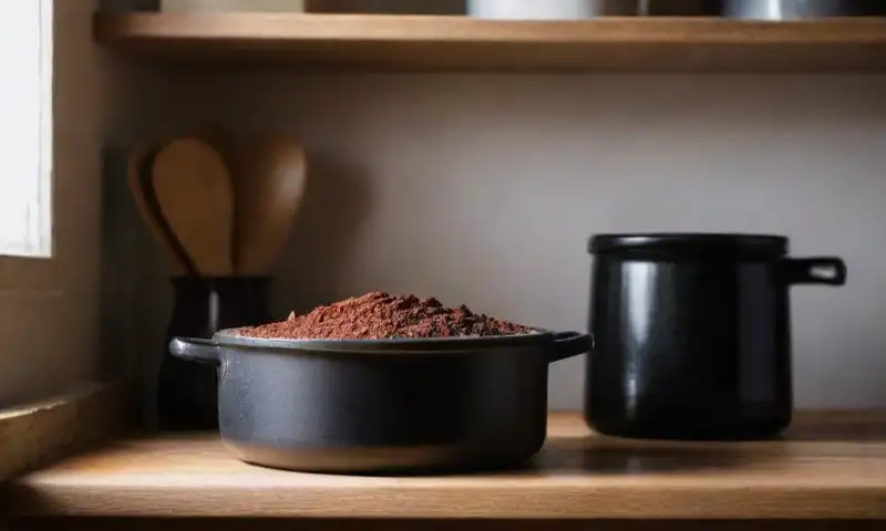 Una cocina rústica iluminada por el sol, con un potaje de tinte negro hirviendo y una atmósfera de creatividad artesanal