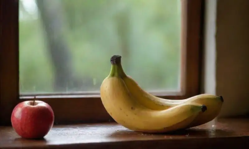 Una mesa de madera con luz natural resalta un grupo de frutas vibrantes y texturas orgánicas, creando una composición armónica