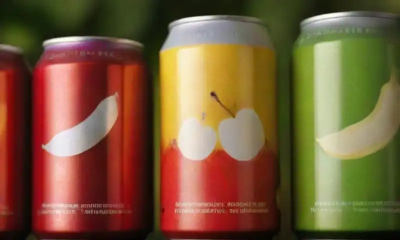 Latas de aluminio brillantes y suaves se combinan con una manzana roja y un fondo de hojas verdes, creando una composición vibrante y fresca