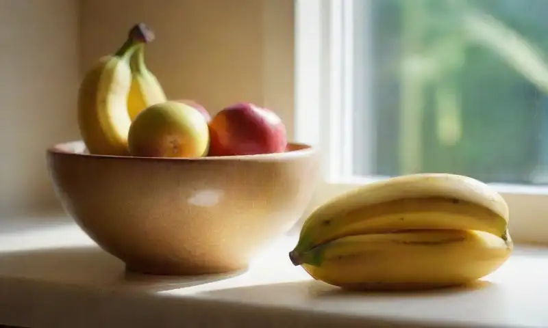 Una cocina luminosa y armoniosa presenta plátanos frescos y una manzana roja sobre un fondo de luz suave y sombras que realzan su frescura