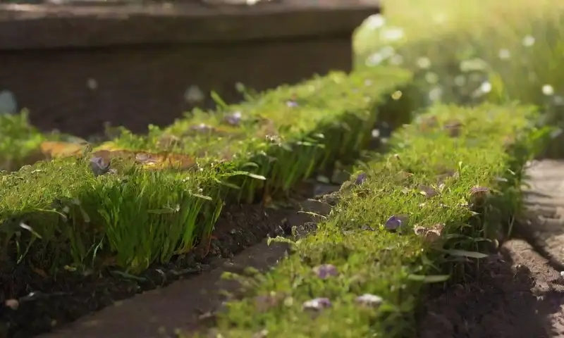 Un jardín vibrante y activo con follaje verde, flores en pleno florecimiento, un banco de madera envejecido y un ambiente sereno