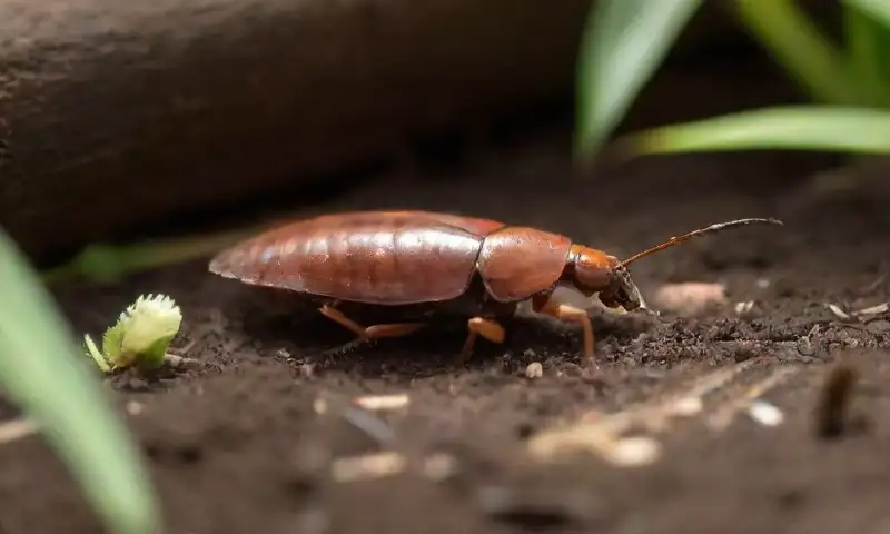 Una escena de jardín exuberante con hojas verdes, luz filtrada, una paleta de colores suaves, un nido de cucarachas y una activa vida ecológica