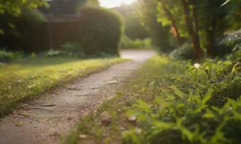 Un jardín soleado y vibrante con un exterminador atento, plantas bien cuidadas y sombras que resaltan insectos en el suelo