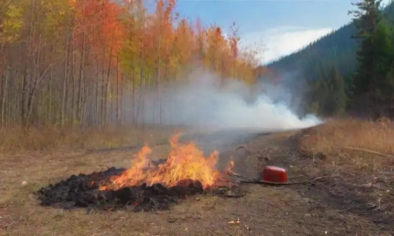 Un grupo de personas con cascos naranjas y extintores trabaja en un bosque luminoso mientras se lleva a cabo una quema controlada, resaltando la importancia de prevenir incendios forestales