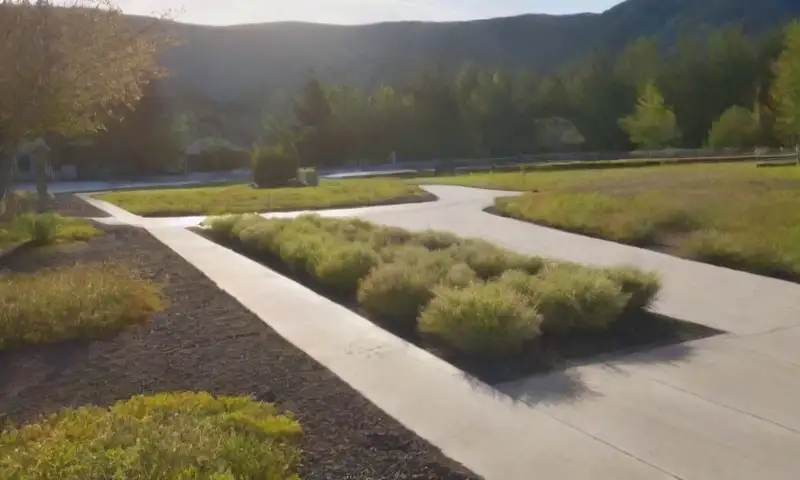 Un paisaje soleado muestra un edificio moderno con techo verde