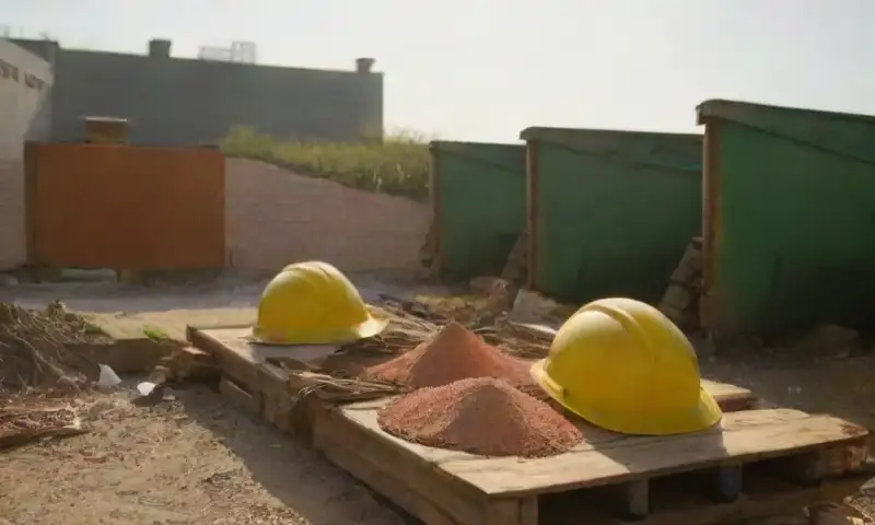 Un caótico sitio de construcción con materiales esparcidos, herramientas desordenadas y trabajadores en un paisaje iluminado por el sol