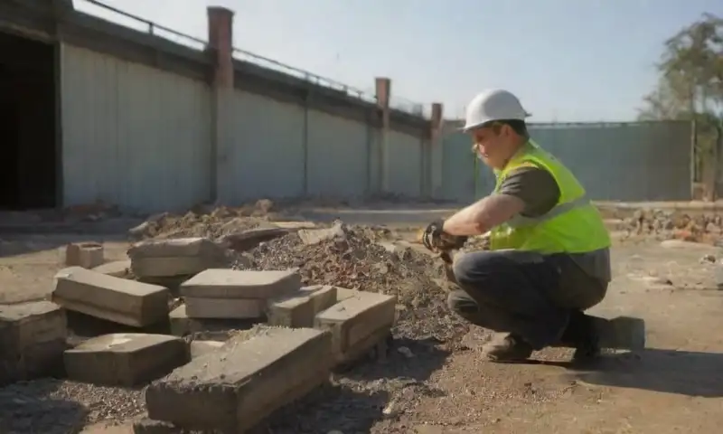 Un bullicioso y desordenado sitio de construcción, lleno de escombros, herramientas, y edificios en proceso, bajo un cielo brumoso y con la vegetación acercándose