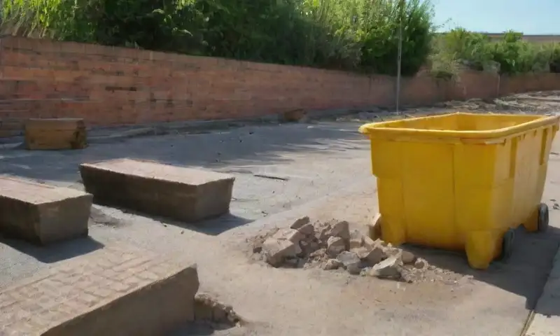 Una escena urbana soleada llena de escombros de construcción, materiales desechados y vegetación entre la suciedad